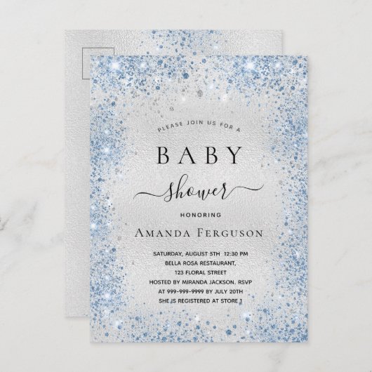 Invitation Carte Postale Baby shower argent parties scintillant poussière b (Devant / Derrière)