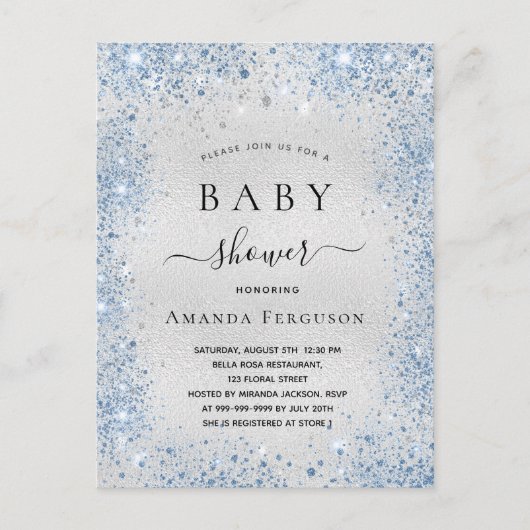 Invitation Carte Postale Baby shower argent parties scintillant poussière b (Devant)