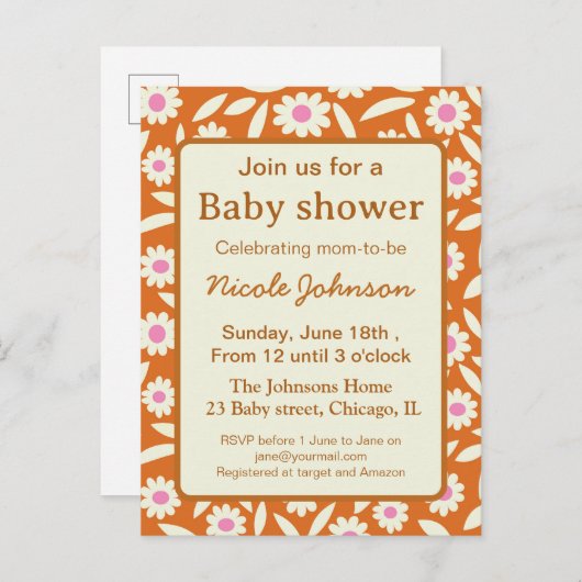 Invitation Carte Postale Baby shower bébé floral rétro hippie   (Devant / Derrière)