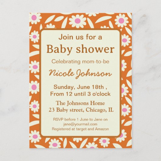 Invitation Carte Postale Baby shower bébé floral rétro hippie   (Devant)