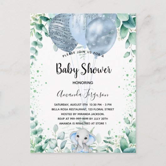 Invitation Carte Postale Baby shower bleu éléphant eucalyptus garçon (Devant)