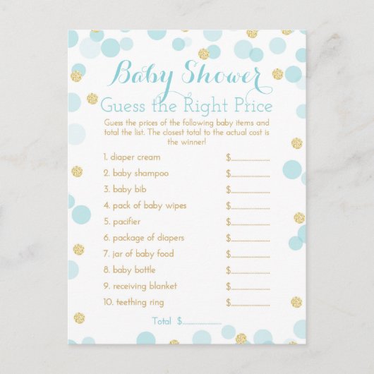 Invitation Carte Postale Baby shower bleu et or jeu de prix droit (Devant)