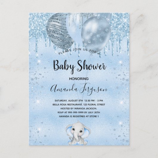 Invitation Carte Postale Baby shower bleu parties scintillant éléphant garç (Devant)