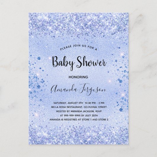 Invitation Carte Postale Baby shower bleu parties scintillant garçon (Devant)
