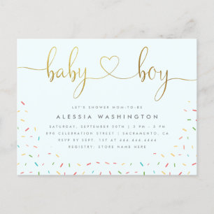 Invitation Carte Postale Baby shower Confetti Sprinkle Gold Boy