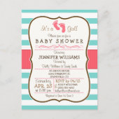 Invitation Carte Postale Baby shower Coral, Aqua & White Stripes (Devant)