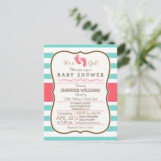 Invitation Carte Postale Baby shower Coral, Aqua & White Stripes (Debout devant)