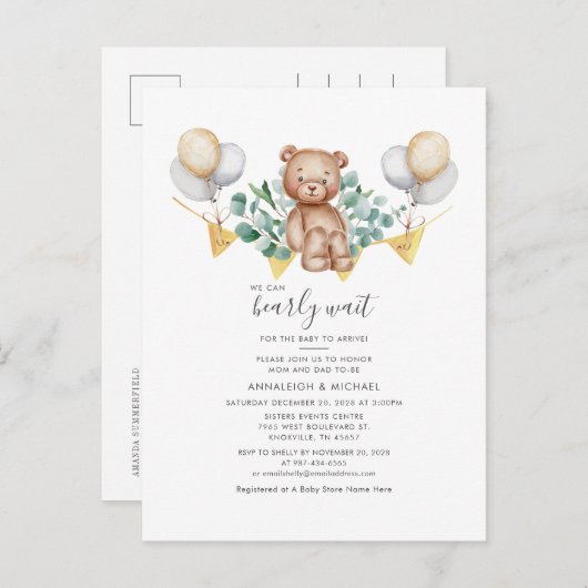 Invitation Carte Postale Baby shower Couples vert Ours et Eucalyptus (Devant / Derrière)