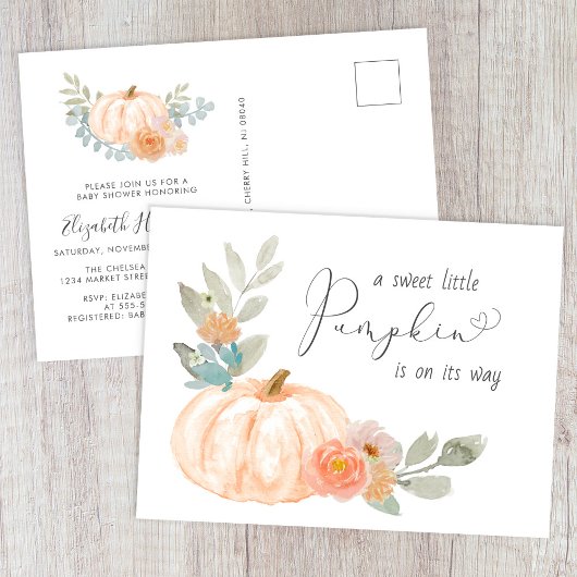 Invitation Carte Postale Baby shower d'aquarelle Citrouille doux