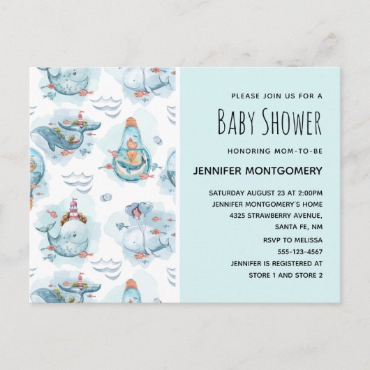 Invitation Carte Postale Baby shower d'aquarelle de la mer de Blancs (Devant)