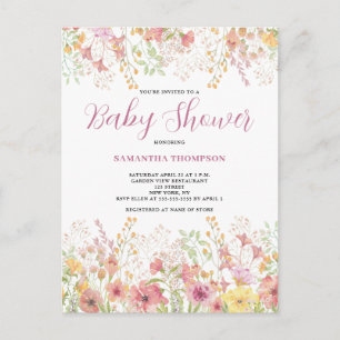 Invitation Carte Postale Baby shower d'aquarelle rose Fleur sauvage