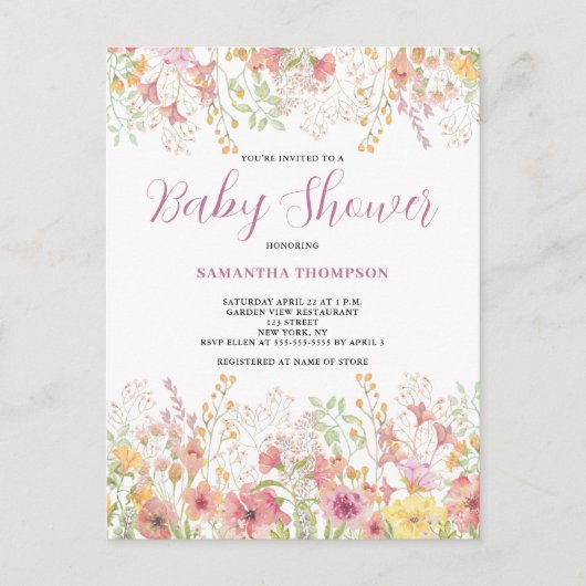 Invitation Carte Postale Baby shower d'aquarelle rose Fleur sauvage (Devant)