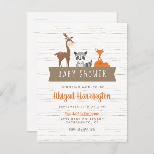 Invitation Carte Postale Baby shower de bannières d'animaux mignons en bois (Devant / Derrière)
