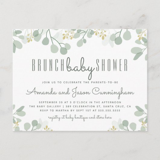 Invitation Carte Postale Baby shower de brunch botanique Eucalyptus Foliage (Devant)