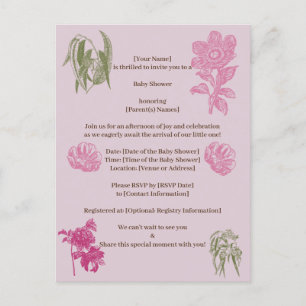 Invitation Carte Postale Baby shower de fille Eucalyptus Peony botanique