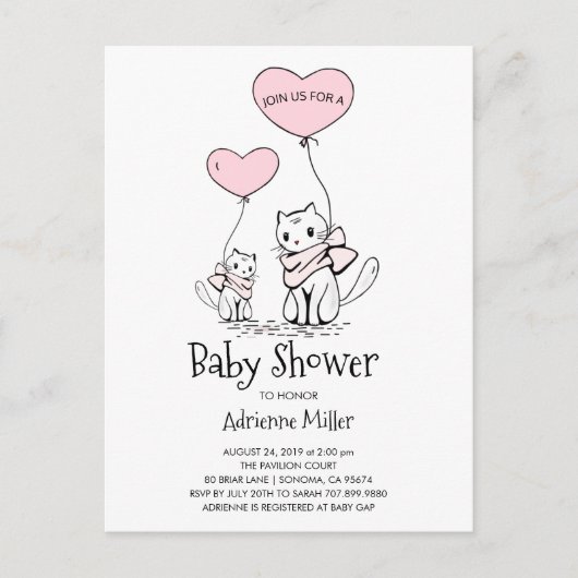 Invitation Carte Postale Baby shower de filles chatons et ballons (Devant)