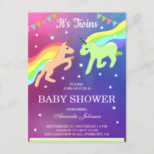 Invitation Carte Postale Baby shower de jumeaux Unicorn