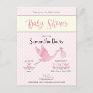 Invitation Carte Postale Baby shower de la petite fille de la cigogne rose
