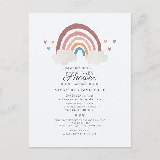 Invitation Carte Postale Baby shower de script Rainbow Chic Boho Watercolor (Devant)