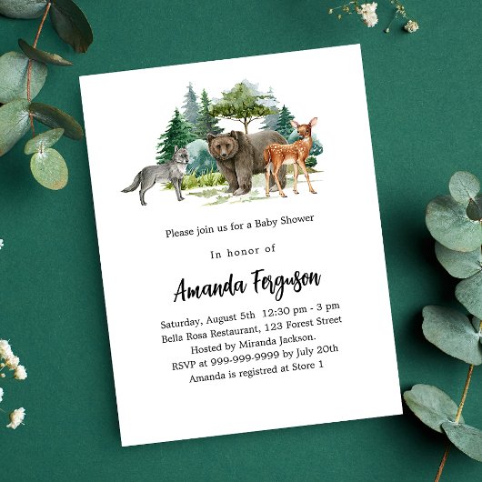 Invitation Carte Postale Baby shower des animaux de la forêt