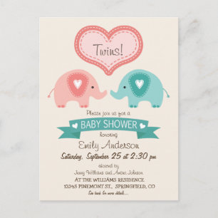 Invitation Carte Postale Baby shower des éléphants roses et Turquoises jume