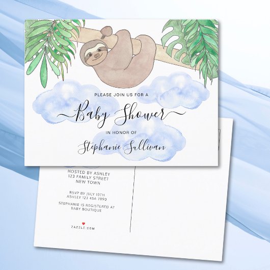Invitation Carte Postale Baby shower du mignon Sloth Boy