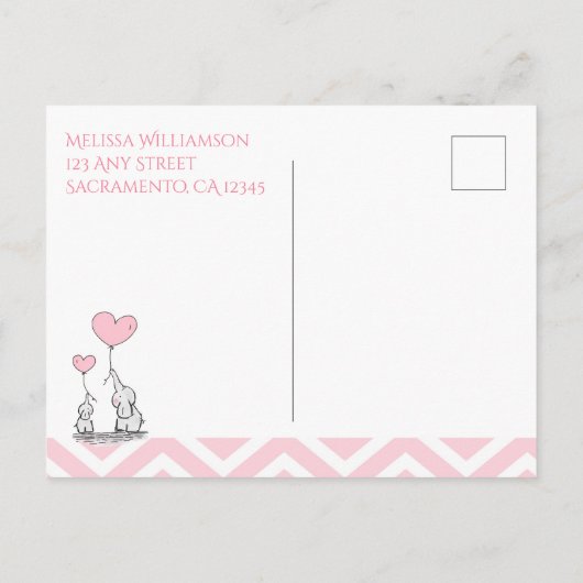 Invitation Carte Postale Baby Shower Éléphant Bébé Pastel avec Cœur Personn (Dos)