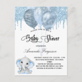 Invitation Carte Postale Baby shower éléphant garçon ballon bleu (Devant)