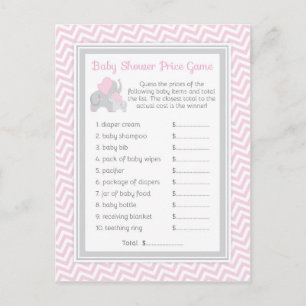 Invitation Carte Postale Baby shower Eléphant rose et gris Guest Prix Jeu