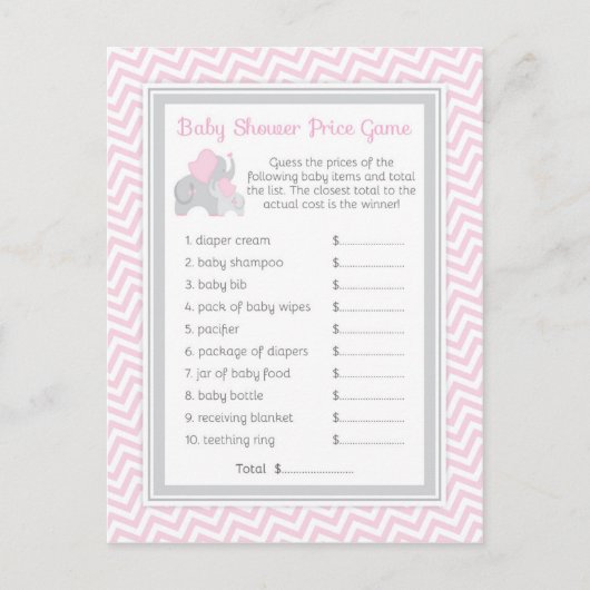 Invitation Carte Postale Baby shower Eléphant rose et gris Guest Prix Jeu (Devant)