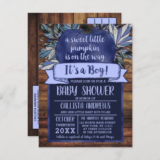 Invitation Carte Postale Baby shower en bois bleu de Little Citrouille Fall (Devant / Derrière)