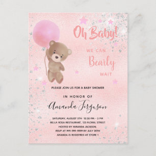 Invitation Carte Postale Baby shower en peluche fille parties scintillant r