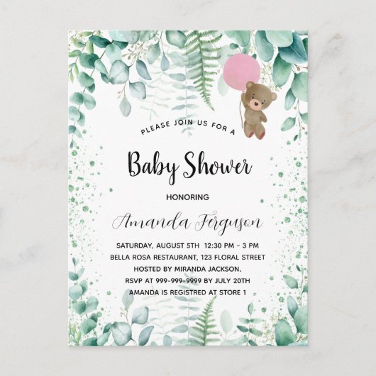 Invitation Carte Postale Baby shower en peluche forêt de fille eucalyptus (Devant)