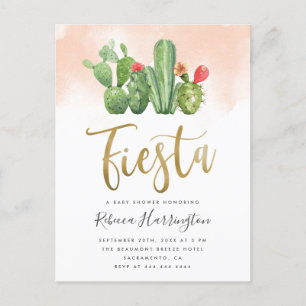 Invitation Carte Postale Baby Shower Fiesta à l'aquarelle rose et cactus
