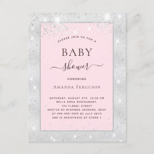 Invitation Carte Postale Baby shower fille argent rousse parties scintillan