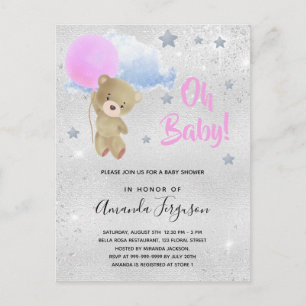 Invitation Carte Postale Baby shower fille rose ours en peluche argent