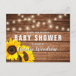 Invitation Carte Postale Baby Shower Fleur de Tournesol en Bois Rustique