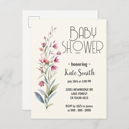 Invitation Carte Postale Baby shower fleur sauvage Boho (Devant / Derrière)