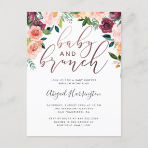 Invitation Carte Postale Baby shower floral de brunch d'aquarelle rose d'or