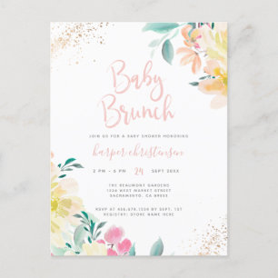 Invitation Carte Postale Baby shower Floral rose doux or pâle Brunch