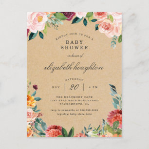 Invitation Carte Postale Baby shower floral rose roux de Bourgogne