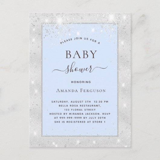 Invitation Carte Postale Baby shower garçon argent bleu clair parties scint (Devant)
