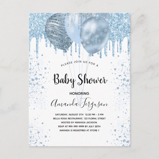 Invitation Carte Postale Baby shower garçon bleu parties scintillant ballon (Devant)