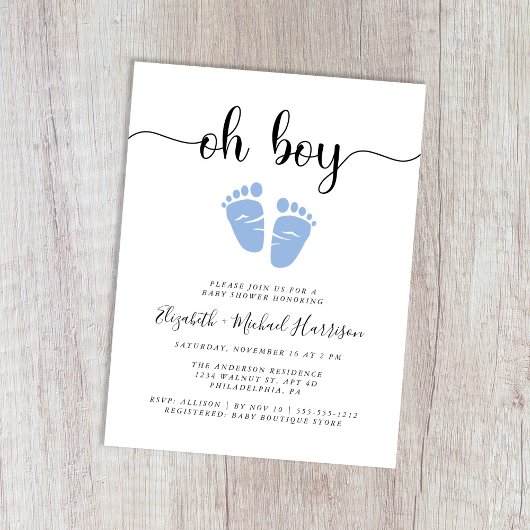 Invitation Carte Postale Baby shower Garçon Blue Feet Couples