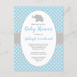 Invitation Carte Postale Baby Shower Garçon Éléphant Mignon à Points Bleus