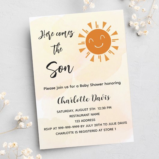 Invitation Carte Postale Baby shower ici vient le fils soleil doré