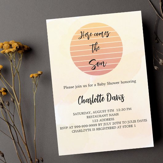 Invitation Carte Postale Baby shower ici vient le fils soleil doré