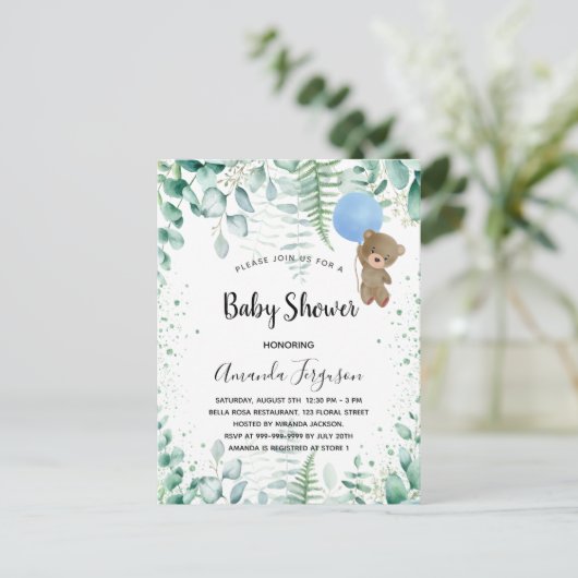 Invitation Carte Postale Baby shower jeune garçon forêt d'eucalyptus (Debout devant)