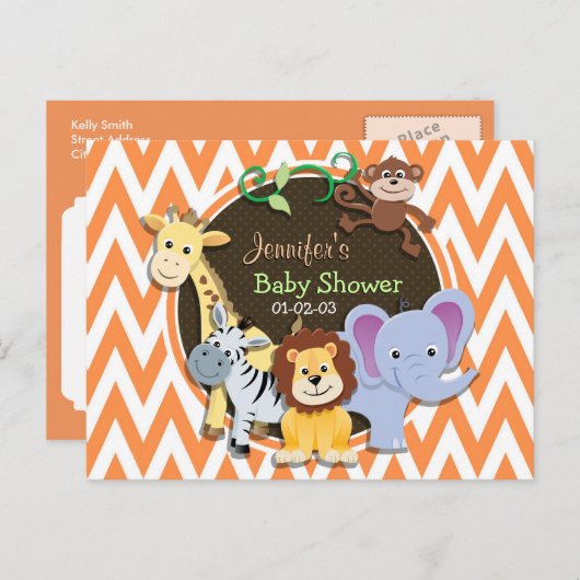 Invitation Carte Postale Baby shower Jungle ; Chevron orange et blanc (Devant / Derrière)