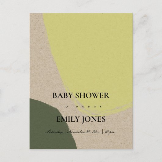 INVITATION CARTE POSTALE BABY SHOWER KRAFT VERT LIME ABSTRAIT MODERNE (Devant)